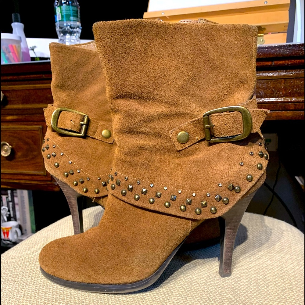 a.n.a. Kylie tan high heel booties, size 9